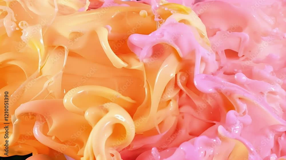 spectacular high speed close up of vibrant pink and orange liquid paint splashing and blending together against a completely dark black background