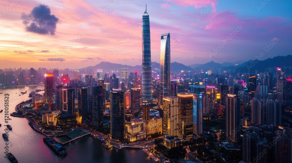 Fototapeta premium Vibrant Cityscape of Illuminated Skyscrapers and Waterfront at Scenic Hong Kong Skyline During Sunset