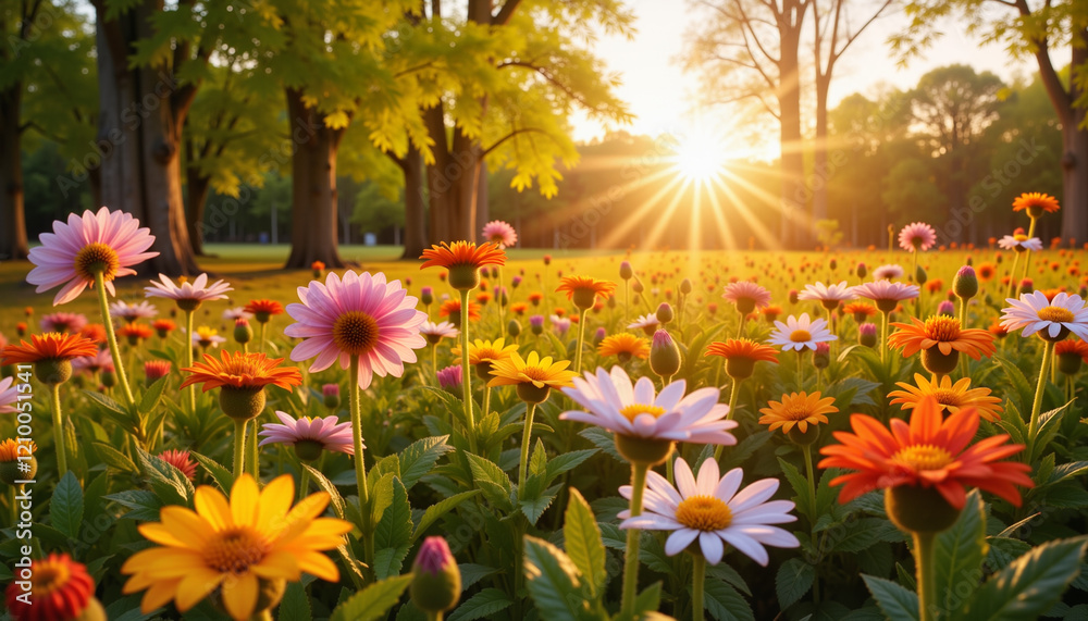 Obraz premium Vibrant wildflowers blooming in spring sunset, nature's beauty