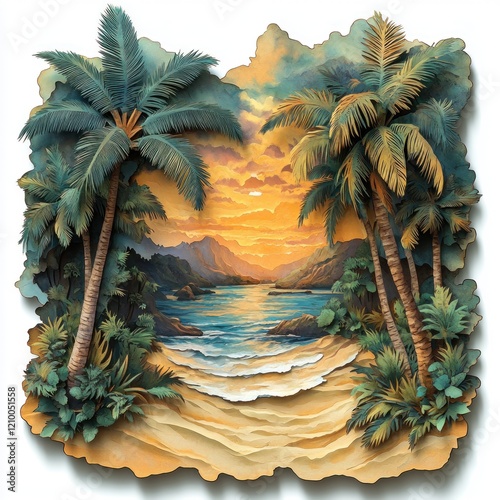Tropical oasises with lush palm trees on sandy dunes. photo