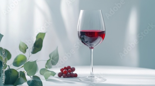 Elegant red wine glass with grapes on rustic wooden table with green foliage and natural light photo