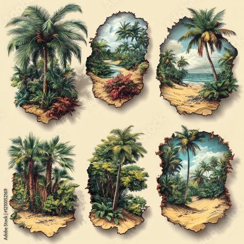 Tropical oasises with lush palm trees on sandy dunes. photo