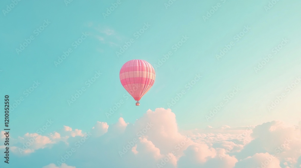 Fototapeta premium Colorful hot air balloon floating in clear blue sky, bright and vivid colors, peaceful and serene, soft clouds in the background