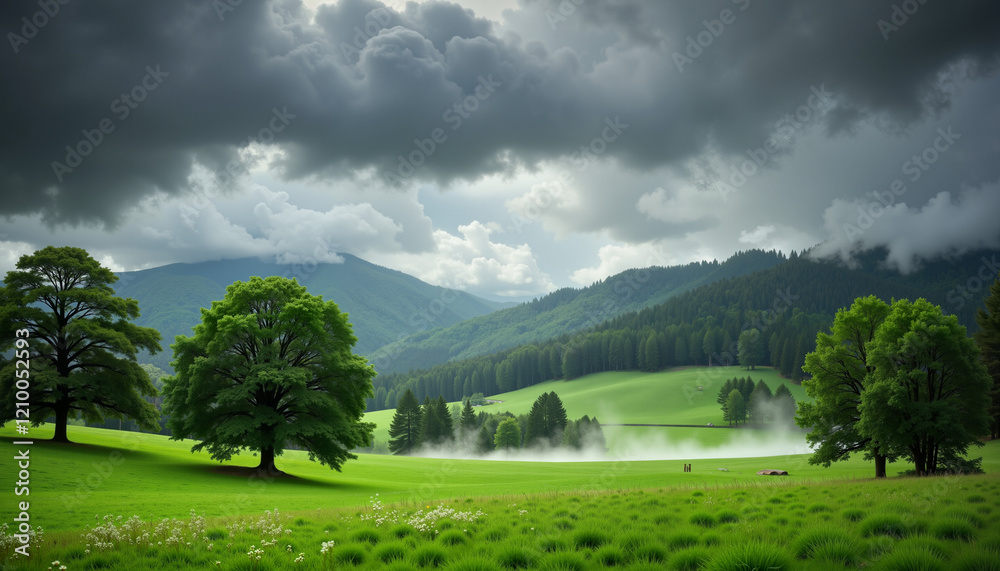 Naklejka premium Lush countryside landscape shrouded in mist on rainy day, nature's serenity