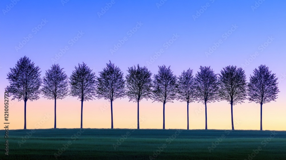 Fototapeta premium Sunrise silhouettes, trees, field, calm sky, nature