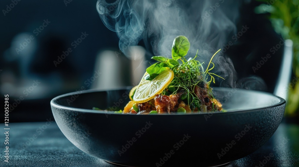 Steaming Aromatic Herbs on a Dark Background