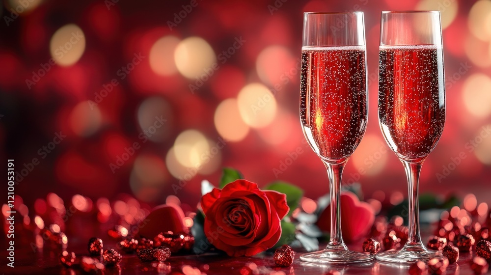 Elegant Champagne Glasses with Sparkling Red Bubbles on Romantic Red Background for Valentines Day Celebration Elegant Champagne Glasses with Sparkling Red Bubbles on Romantic Red Background for Valentines Day Celebration