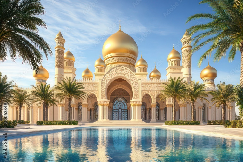 Fototapeta premium Majestic Golden-Domed Palace with Reflection Pool 