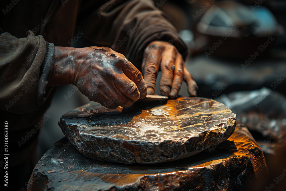 Generative AI Image of a Stonemason Working with Stone, Shaping and Carving Stone Surface Generative AI Image of a Stonemason Working with Stone, Shaping and Carving Stone Surface
