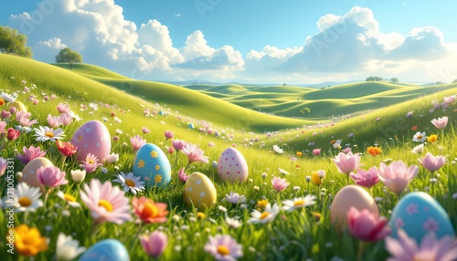 Colorful Easter Eggs in a Vibrant Spring Meadow