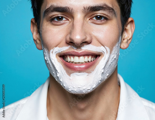 Close-up of a smiling man with shaving cream on his face. The man is wearing a white shirt. Shaving cream covers his chin and cheeks. Blue background. Man's face covered in shaving cream. photo