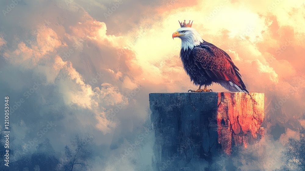 Fototapeta premium Crowned eagle atop rock, misty landscape sunset, power concept