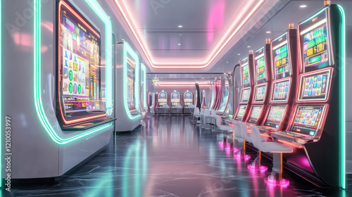 casino, slot machines, neon lights, pink and green, gold photo