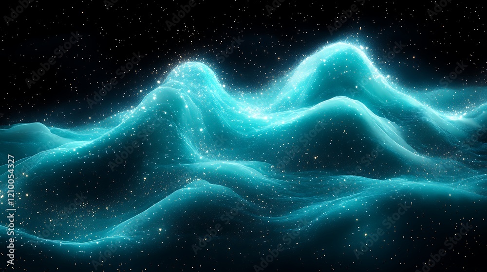 Celestial Ocean: Glowing teal waves shimmer and undulate across a dark, cosmic expanse, creating an ethereal, otherworldly landscape. The scene evokes a sense of mystery and tranquility. Celestial Ocean: Glowing teal waves shimmer and undulate across a dark, cosmic expanse, creating an ethereal, otherworldly landscape. The scene evokes a sense of mystery and tranquility.