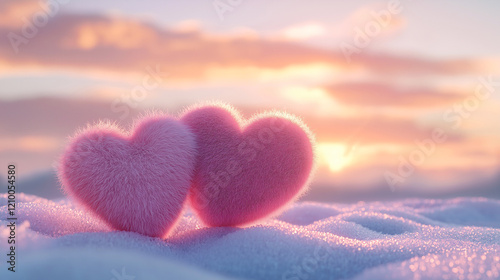 Two pink furry hearts in the snow,beautiful view of the sunset in the background,Romantic Valentine's Day