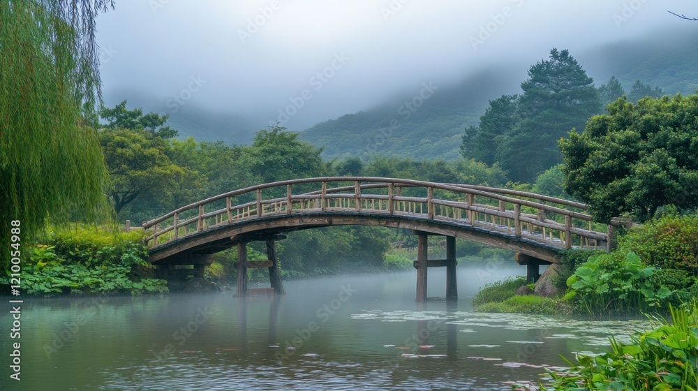 Serene Wooden Bridge Over Misty Lake in Tranquil Garden Serene Wooden Bridge Over Misty Lake in Tranquil Garden