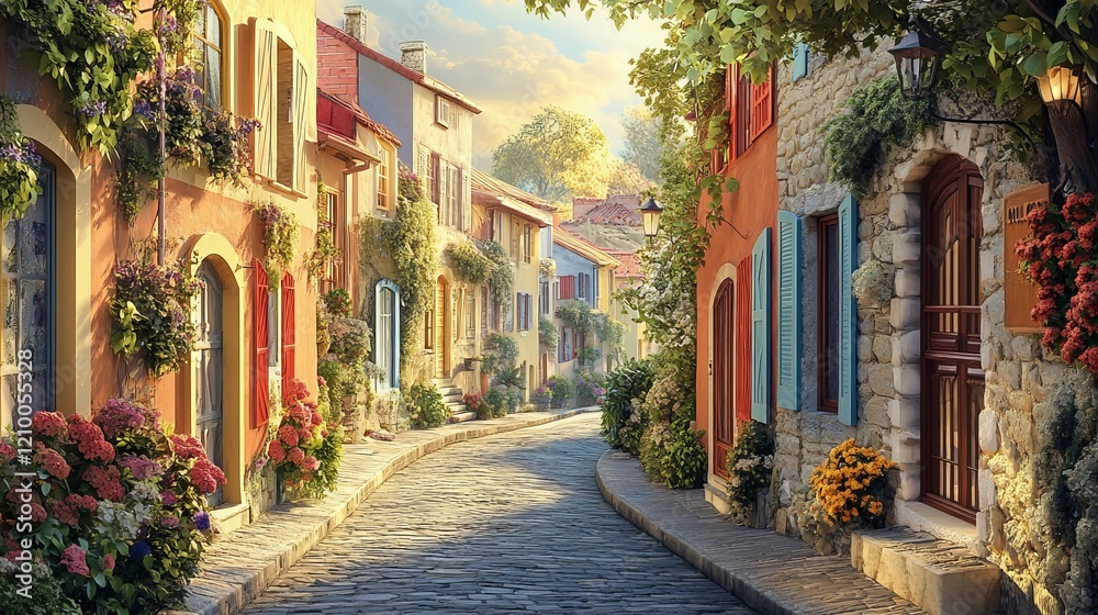 Fototapeta premium Colorful row of houses along a narrow European street, soft warm light, peaceful and inviting, highly detailed, charming and nostalgic, calm and beautiful