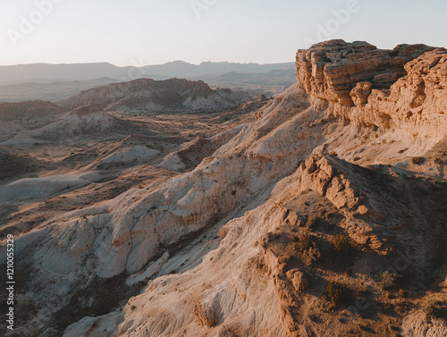 Aerial view of a rocky desert with towering buttes and mesas casting long shadows across the arid landscape. photo