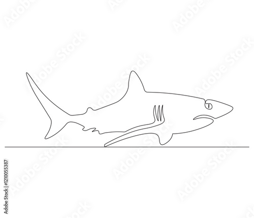 Continuous one line drawing of shark. Single line drawing illustration of shark saltwater. Logo,symbols and design style Concept vector art. Doodle line illustration.