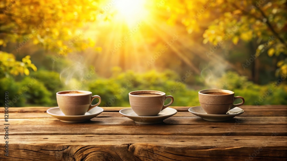 Rustic wooden table with tris di caff? on a natural background, warm lighting, bean scene Rustic wooden table with tris di caff? on a natural background, warm lighting, bean scene