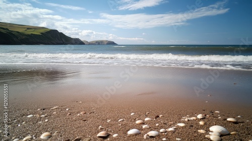 Tranquil beach with gentle waves under a clear sky and serene landscape