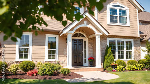 Dream house exterior: A stunning home design with beautiful landscaping and a welcoming entrance.  Perfect for real estate listings and architectural inspiration.