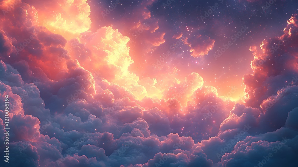 Fototapeta premium Celestial Tapestry: A breathtaking view of a vibrant sunset painting the clouds with warm hues of orange and pink. The clouds, thick and majestic.