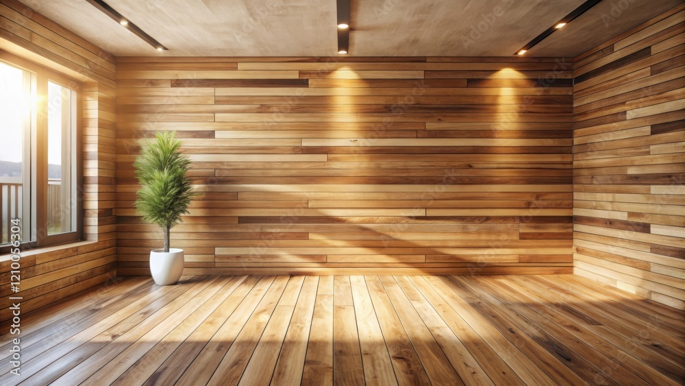 Sunlit Empty Room with Wood Walls and Floors, Ideal for Interior Design Presentation Sunlit Empty Room with Wood Walls and Floors, Ideal for Interior Design Presentation