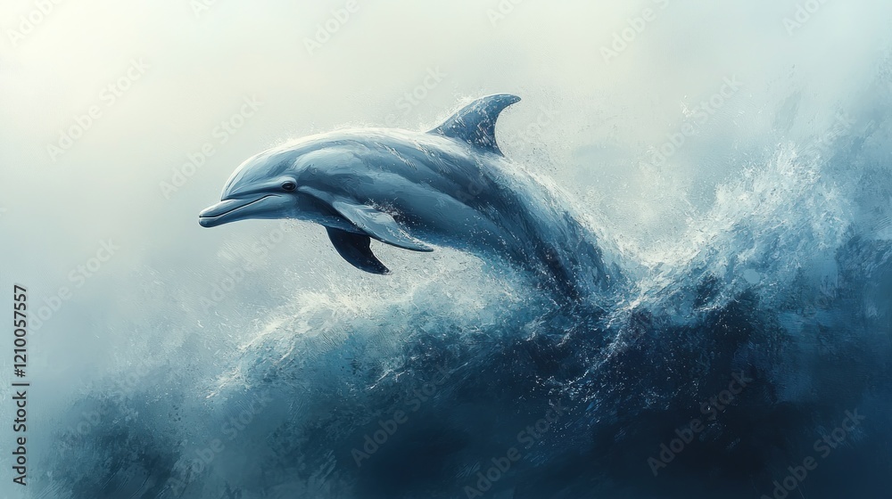 Naklejka premium Dolphin leaping ocean wave, sunrise, marine wildlife, nature poster