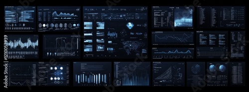 A modern collection of high-tech HUD, UI, and GUI elements. This futuristic graphic design set features cyberpunk digital components such as circular HUDs, charts, frames, buttons, UI bars, callouts photo