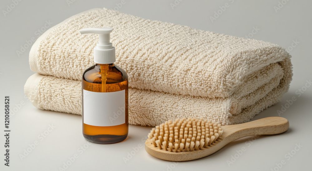 Soft, fluffy towels are neatly stacked next to a bottle of natural oil and a wooden hairbrush on a minimalist surface, creating a calming spa atmosphere. Soft, fluffy towels are neatly stacked next to a bottle of natural oil and a wooden hairbrush on a minimalist surface, creating a calming spa atmosphere.