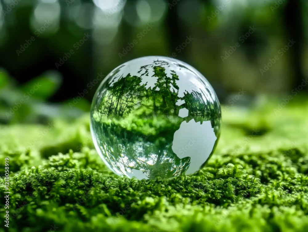 Crystal globe glass on green moss in forest to protect nature Save and care World for sustainable Crystal globe glass on green moss in forest to protect nature Save and care World for sustainable