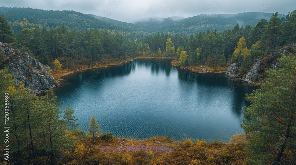A serene lake surrounded by dense forest and rocky terrain on a foggy day A serene lake surrounded by dense forest and rocky terrain on a foggy day