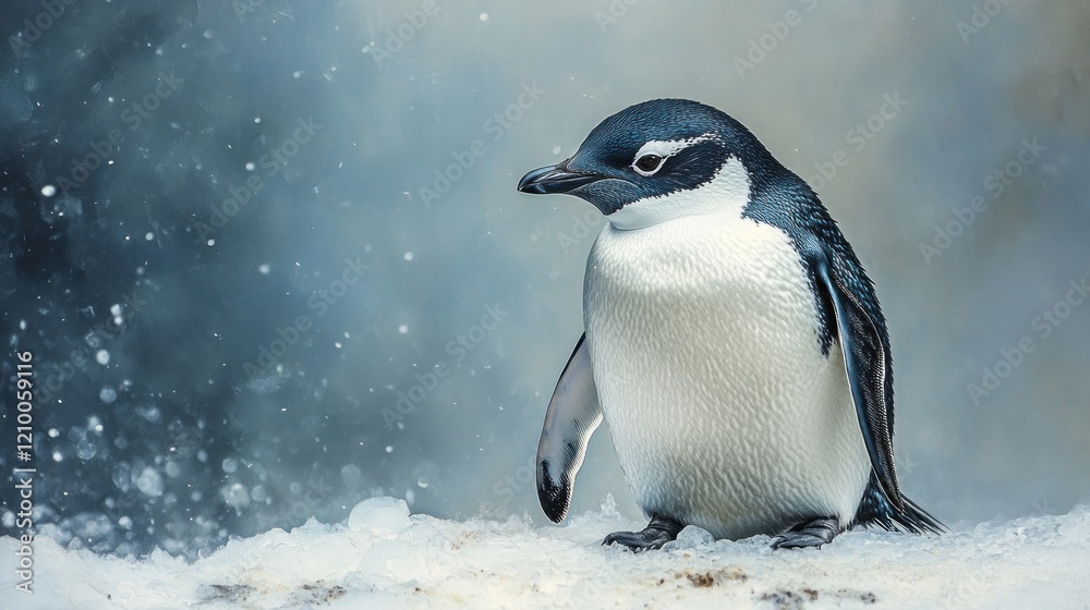 Fototapeta premium Antarctic penguin chick snowy habitat wildlife nature postcard