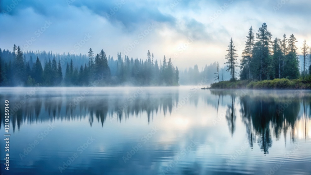Serene Morning Mist Envelops a Still Lake Reflected in the Tranquil Waters Surrounded by Majestic Evergreen Trees Serene Morning Mist Envelops a Still Lake Reflected in the Tranquil Waters Surrounded by Majestic Evergreen Trees