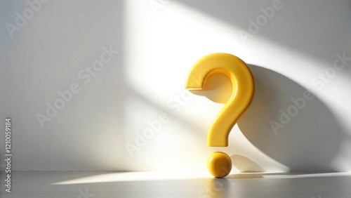 Illuminated Query A Solitary Yellow Question Mark Stands Against a Pale Wall, Cast in Sunlight's Embrace