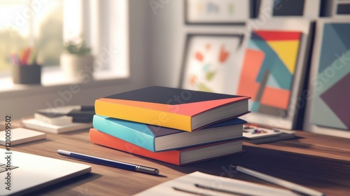 A stack of graphic design books with colorful covers, placed neatly on a wooden desk. The books are surrounded by sketchpads, pens, and a laptop, evoking a creative workspace atmosphere. photo