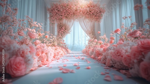 Elegant Floral Arrangement for Wedding Ceremony with Soft Pink Blooms and Romantic Atmosphere in a Beautiful Indoor Setting