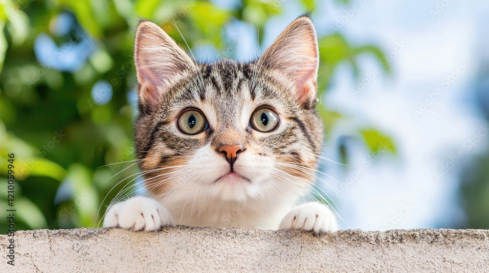 Curious kitten peeking over wall, green foliage background. Use Pet website, greeting card Curious kitten peeking over wall, green foliage background. Use Pet website, greeting card