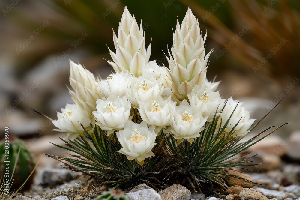 A blooming yucca plant with tall flower stalks, surrounded by rocky terrain and cactus plants A blooming yucca plant with tall flower stalks, surrounded by rocky terrain and cactus plants