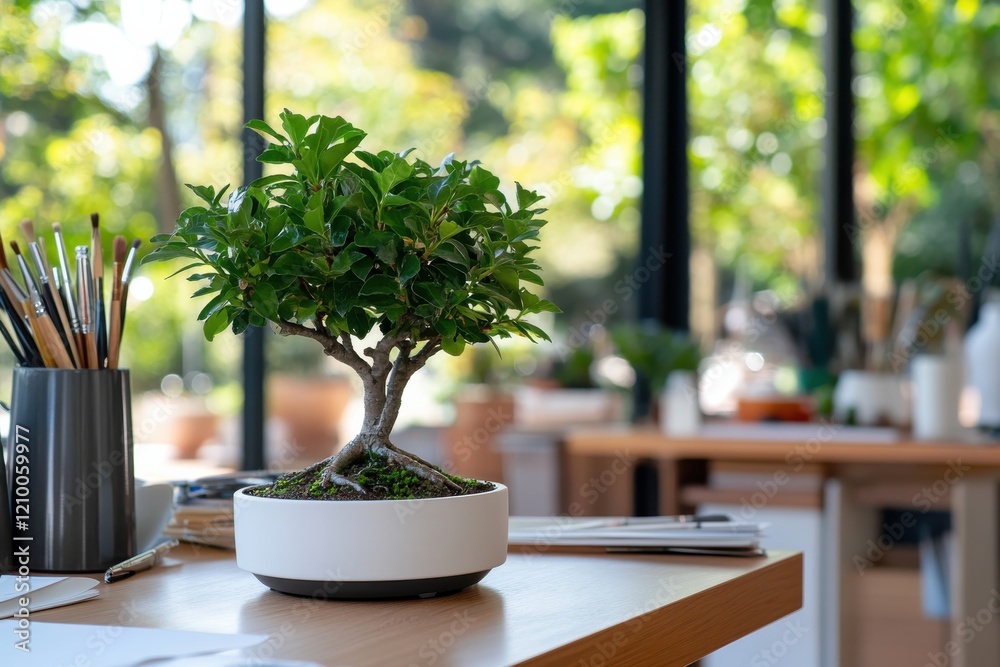 A beautifully trimmed bonsai tree prominently displayed on a bright table, infused with sunlight filtering through the windows, symbolizing peace and patience in life. A beautifully trimmed bonsai tree prominently displayed on a bright table, infused with sunlight filtering through the windows, symbolizing peace and patience in life.