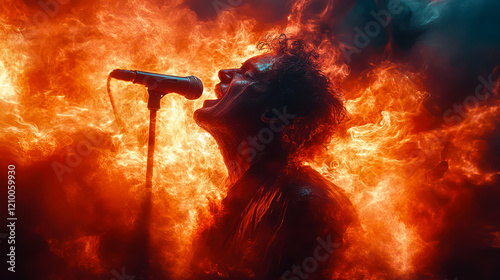 Rock band lead singer sings in fire - symbol of passion photo