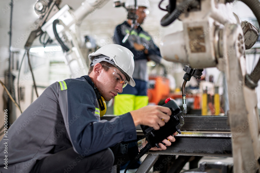 Robotics control engineers setting and maintain spare parts of industrial robot arm controller in production plant factory