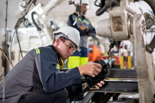 Obraz na płótnie Robotics control engineers setting and maintain spare parts of industrial robot arm controller in production plant factory w salonie