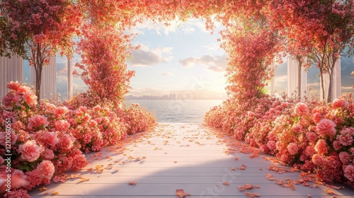 Stunning Floral Archway Leading to a Scenic Waterfront at Sunset, Perfect for Weddings or Romantic Events with Colorful Blooms and Soft Lighting