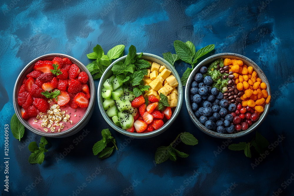 Three bowls with colorful chopped fruit on a blue background. Three bowls with colorful chopped fruit on a blue background.