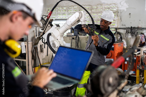 Robotics control engineers setting and maintain spare parts of industrial robot arm controller in production plant factory