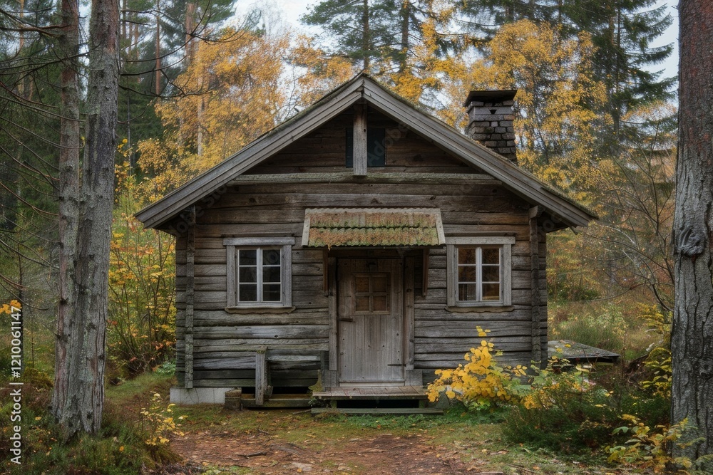 Charming wooden cabin standing in a tranquil forest during the colorful autumn season Charming wooden cabin standing in a tranquil forest during the colorful autumn season