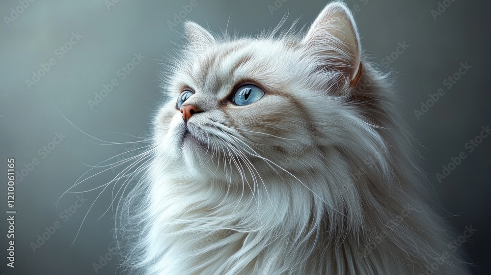 Fluffy white cat gazing, indoor studio shot, blurred background, pet portrait Fluffy white cat gazing, indoor studio shot, blurred background, pet portrait