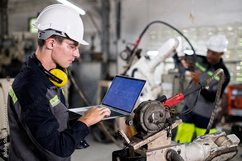 Robotics control engineers setting and maintain spare parts of industrial robot arm controller in production plant factory